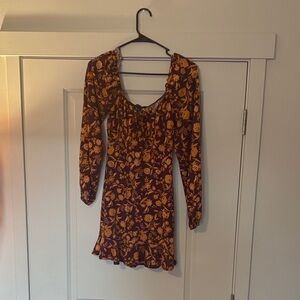 Forever 21 Maroon and Yellow Floral Long Sleeve Dress